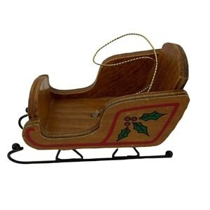 Wooden Sleigh Christmas Tree Brown Metal Ornament 2 1/2" x 4 1/4"